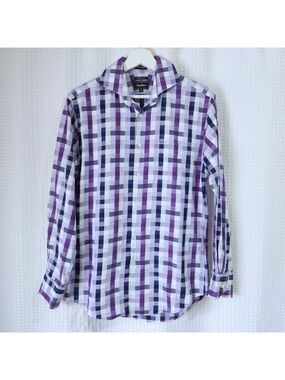Neiman Marcus Dress Shirt 15 (32-33) Purple Plaid Check Trim Fit Designer